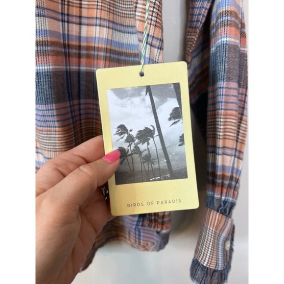 NWT Birds of Paradis By Trovata Ruffle Breezy Blouse Eclipse Plaid Button Down - Picture 5 of 7